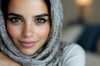 Young woman with gray knitted scarf wrapped around head, warm brown eyes and natural makeup, cozy winter fashion portrait for lifestyle and beauty content.