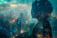 Double exposure silhouette of young Asian woman merged with futuristic night cityscape showing illuminated skyscrapers and glowing lights in cyberpunk style.