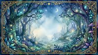 Enchanted forest clearing with mystical trees, glowing lights and crescent moon in ornate golden frame for fantasy storytelling and magical designs.