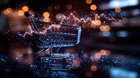 Shopping cart with magical sparkles and bokeh lights on dark background, creative commercial photography for retail and e-commerce business concepts.