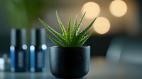 Small green aloe vera plant in modern black ceramic pot against blurred bokeh background with warm glowing lights, minimalist home decor composition.