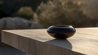 Black ceramic bowl on wooden surface in warm sunlight with dramatic shadows and minimalist composition, perfect for wellness, spa and meditation concepts.