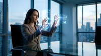Professional businesswoman interacting with futuristic holographic interface in modern office with city skyline view for technology presentations.