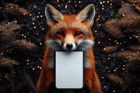 Red fox holding blank smartphone against dark background with golden bokeh lights and autumn foliage. Wildlife meets technology concept.