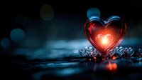 Glowing red heart with soft inner light surrounded by small crystal hearts on reflective dark surface with blue bokeh background creates romantic atmosphere.