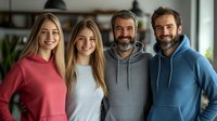 Happy diverse family of four smiling at camera, wearing casual hoodies and sweaters at home. Natural lighting and warm atmosphere create authentic lifestyle portrait.