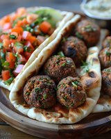Mediterranean meatballs served on fresh pita bread with chopped tomato salad and herbs, garnished with parsley on wooden serving board.