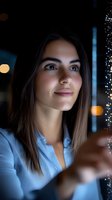 Young woman with long dark hair and brown eyes wearing light blue shirt, posing against urban night backdrop with bokeh lights and glowing decorative elements for portrait and lifestyle use.