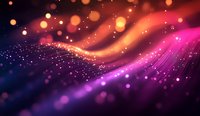 Abstract flowing waves of orange, pink and purple light with glowing particles creating a magical atmospheric background.