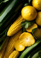 Fresh yellow corn cobs, bright lemons and glowing mushrooms arranged with green leaves in dramatic lighting, creating vibrant natural food composition.