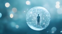 Human silhouette inside glowing network sphere on blurred blue background with bokeh lights, representing digital transformation and connectivity concept.