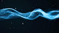 Glowing blue wave of light and energy flowing through dark space with sparkling particles, creating dynamic motion effect against black background.