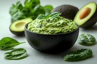 Fresh guacamole dip in black bowl with ripe avocado halves and spinach leaves on light background, traditional Mexican appetizer for healthy eating.