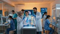 Diverse medical team in white coats examining glowing holographic lungs display in modern hospital laboratory with advanced equipment.