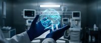 Medical professional holding glowing digital brain hologram in modern hospital operating room showcasing artificial intelligence in healthcare technology.