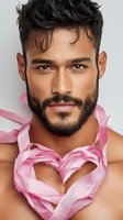 Hispanic male model with beard and styled dark hair wearing pink ribbon arranged in heart shape against light background, perfect for Valentine's Day promotions.
