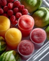 Fresh fruit smoothies in glasses with yellow mango and pink raspberry drinks surrounded by whole watermelons and fresh berries, close up view of healthy beverages.