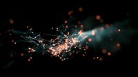 Glowing network connections with orange light particles floating in dark space, abstract technology concept visualization against black background.