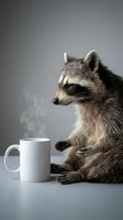 Cute raccoon sitting with steaming white coffee mug on gray background, morning routine concept for advertising and social media content.