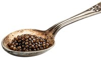 Black caviar on vintage silver spoon isolated on white background. Luxury gourmet food and fine dining concept for restaurant menu and gastronomy design.