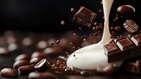 Milk splash with dark chocolate pieces and coffee beans creating dynamic composition against dark background. Appetizing dessert photography.