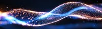 Glowing wave of luminous particles flowing on dark background creates futuristic light trail effect with sparkles and bokeh elements in blue and purple tones.