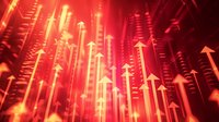 Glowing red arrows moving upward against dark background with light streaks and digital elements create dynamic financial market visualization concept.
