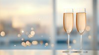 Two champagne flutes filled with sparkling wine against blurred cityscape background with bokeh lights, romantic celebration atmosphere at sunset.