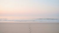 Serene beach scene with footprints in sand leading toward calm ocean waves during peaceful sunrise or sunset with soft pastel sky colors.