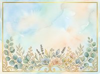 Watercolor floral border with lavender, eucalyptus, and roses on cream background. Ornamental gold scrollwork frame. Isolated design element for invitations, stationery, and decorative projects.