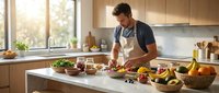 Young man cooking healthy meal in modern kitchen with fresh vegetables and ingredients on marble countertop during golden hour sunlight.