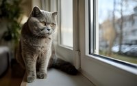British shorthair cat with gray fur sitting on windowsill, gazing thoughtfully outside with natural daylight illuminating its round face.