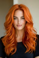 Young woman with vibrant copper red wavy hair, natural makeup, and black top poses against neutral background. Professional hair color and styling concept.