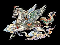 Ornate winged horse with decorative saddle and flowing mane isolated on transparent background, ready for t-shirt design, clipart, stickers, sublimation and print-on-demand projects.