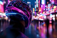 Futuristic motorcycle helmet with glowing pink neon stripes against blurred city nightlife background, reflecting vibrant urban lights and cyberpunk atmosphere.