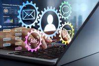 Digital marketing automation concept with colorful gear icons and business person working on laptop for advertising campaigns.