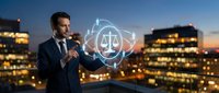 Professional businessman in suit presenting digital justice scales hologram against city skyline at dusk for legal technology concepts.