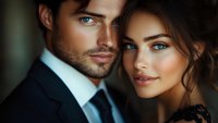 Romantic portrait of elegant couple with intense blue eyes, dramatic lighting enhances their facial features. Man in dark suit, woman in black lace. Fashion and luxury concept.