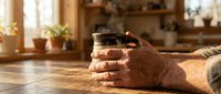Elderly hands holding warm coffee mug in cozy kitchen morning light creating peaceful domestic atmosphere for relaxation and comfort lifestyle concepts.