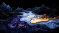 Surreal mountain landscape with flowing river through mystical valley under starlit sky creating dreamlike fantasy scenery for creative projects.