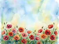 Watercolor poppy flowers field with soft pastel sky background. Spring meadow botanical illustration for greeting cards, wall art and decorative designs.
