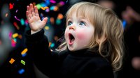 Young blonde girl with amazed expression catching colorful confetti falling from above, wearing black sweater against dark background. Captures pure childhood joy and wonder.