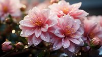 Pink dahlia flowers with morning dew drops on petals against dark background, macro photography capturing delicate water droplets and soft bokeh effect.