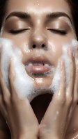 Close-up of young woman with closed eyes washing face with foam cleanser, showcasing skincare routine and glowing complexion.