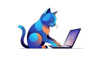 Blue cartoon cat with geometric patterns typing on laptop computer isolated on white background for digital design projects.