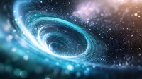 Luminous spiral of cosmic energy in deep space with glowing turquoise and pink nebula clouds, stars and black hole vortex against dark universe background.