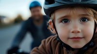 Young child wearing protective cycling helmet with bright blue eyes and gentle smile, parent riding bicycle in background during sunset outdoor activity.