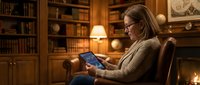 Middle-aged woman with long gray hair and glasses reading digital tablet in warm wooden library with bookshelves, leather chair, and lamp lighting for education and technology concepts.