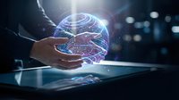 Businessman hands protecting holographic digital globe with network connections and data streams for global technology and cybersecurity concepts.