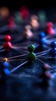 Colorful pins connected by strings on dark background represent networking, social connections and communication concepts for business presentations.